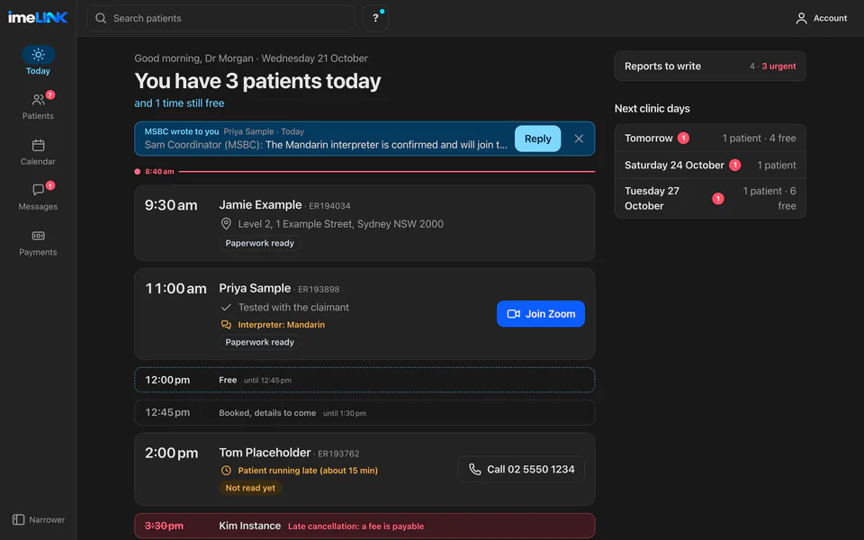 imeLINK in a web browser on a computer: Today, with the day's sample patients, Join Zoom and the next clinic days