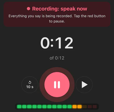 The imeLINK recorder on an iPhone: Recording, speak now, at 0:12, with the big pause button and the level meter