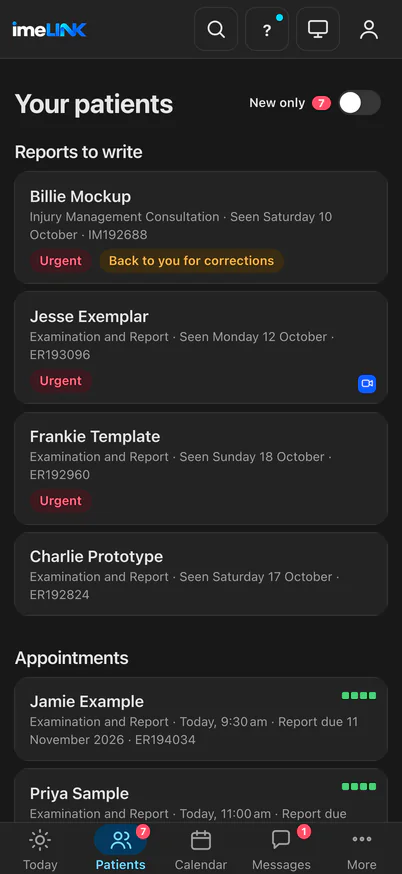 The Patients screen on an iPhone: Reports to write with the urgent ones first